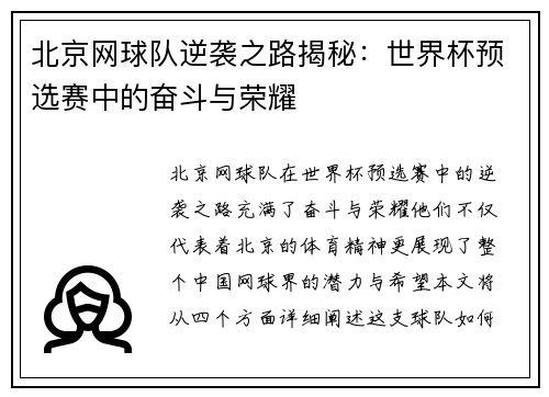 北京网球队逆袭之路揭秘：世界杯预选赛中的奋斗与荣耀
